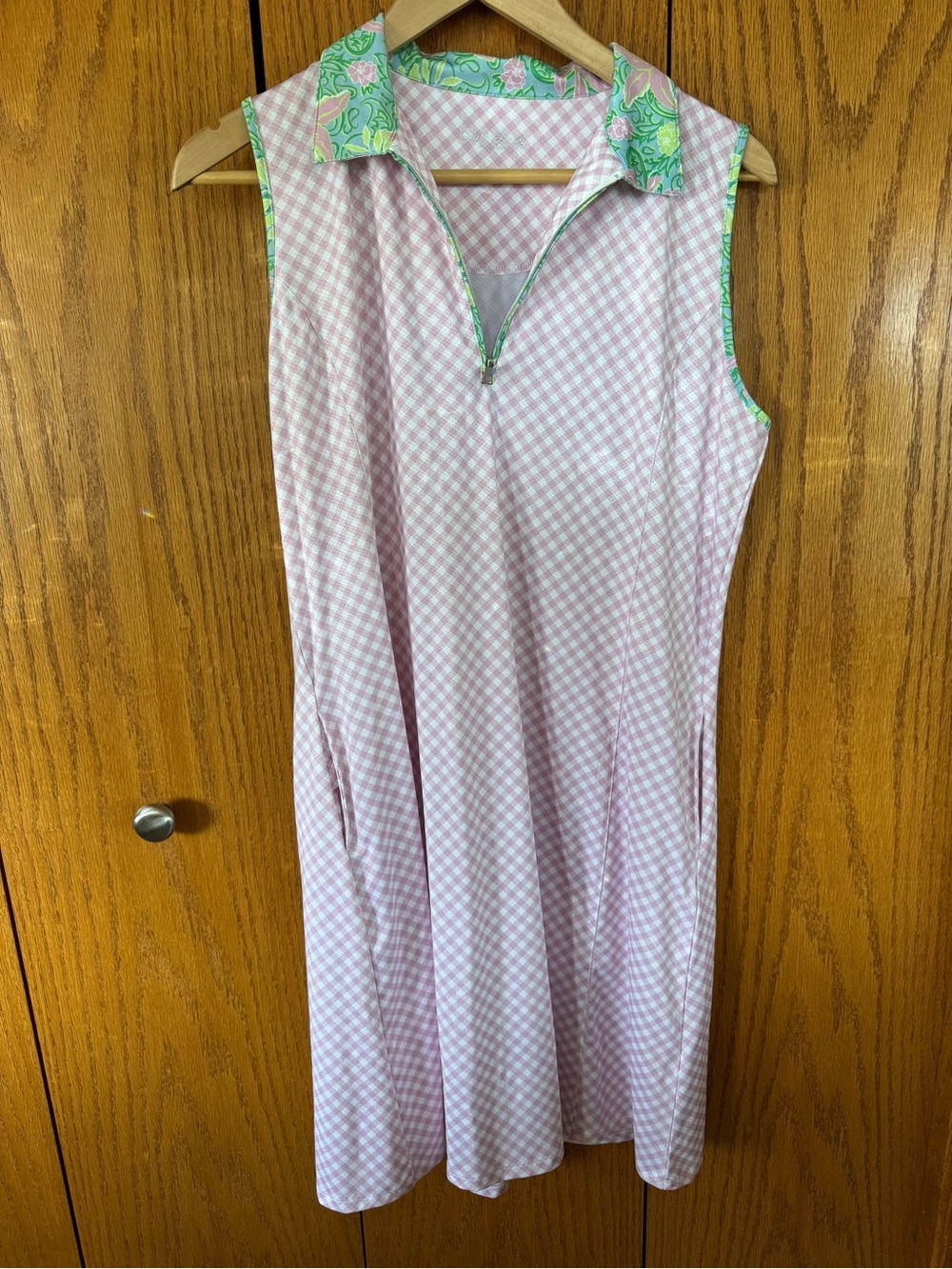 Sleeveless Pink Gingham Polo Dress with Green Floral Trim